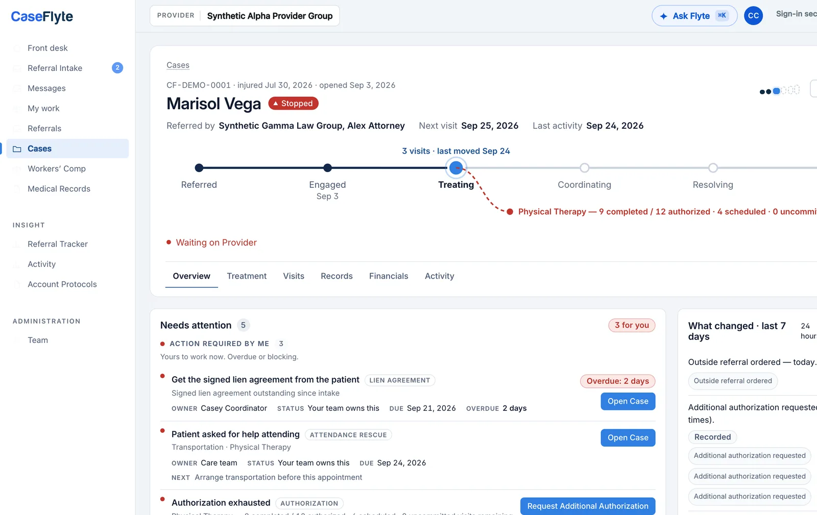 A case overview in CaseFlyte: a plain-language summary of where the case stands, what changed, and why it needs attention.