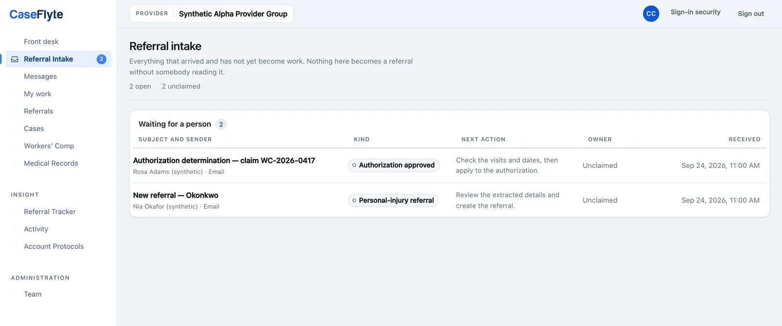 The referral intake workspace: each referral with its owner, next step and waiting time.